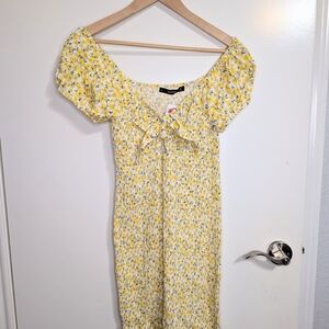 Yellow Floral Smocked Midi Dress Puff Sleeve Tie Front Cottagecore Size L